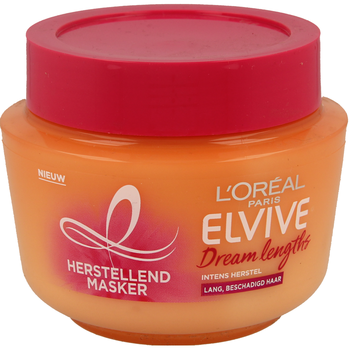 Elvive Dream Lengths hair mask in a 300ml jar, nourishing hair care product for damaged or dry hair, with a creamy texture.