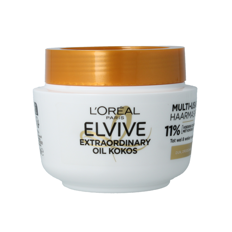 Elvive Extraordinary Oil Coconut hair mask in a 300ml jar, nourishing hair care product with coconut oil for healthy, shiny hair.