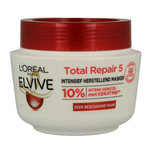 Elvive Total Repair Mask 300ml, nourishing hair treatment with creamy texture and packaging displayed in the image.