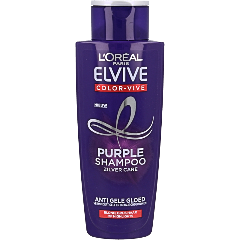 Elvive Color Vive Purple Shampoo bottle with purple liquid and label, 200ml, for color-treated hair care.