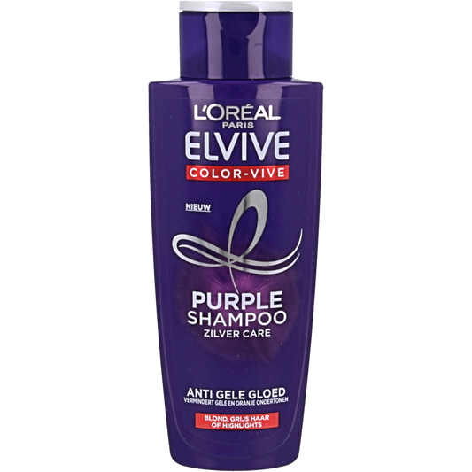 Elvive Color Vive Purple Shampoo bottle with purple liquid and label, 200ml, for color-treated hair care.