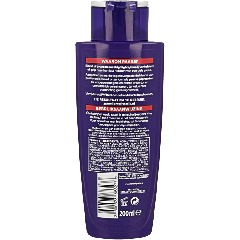 Elvive Color VIVE Purple Shampoo bottle, 200ml, for vibrant color care, with purple formula for nourishing hair.