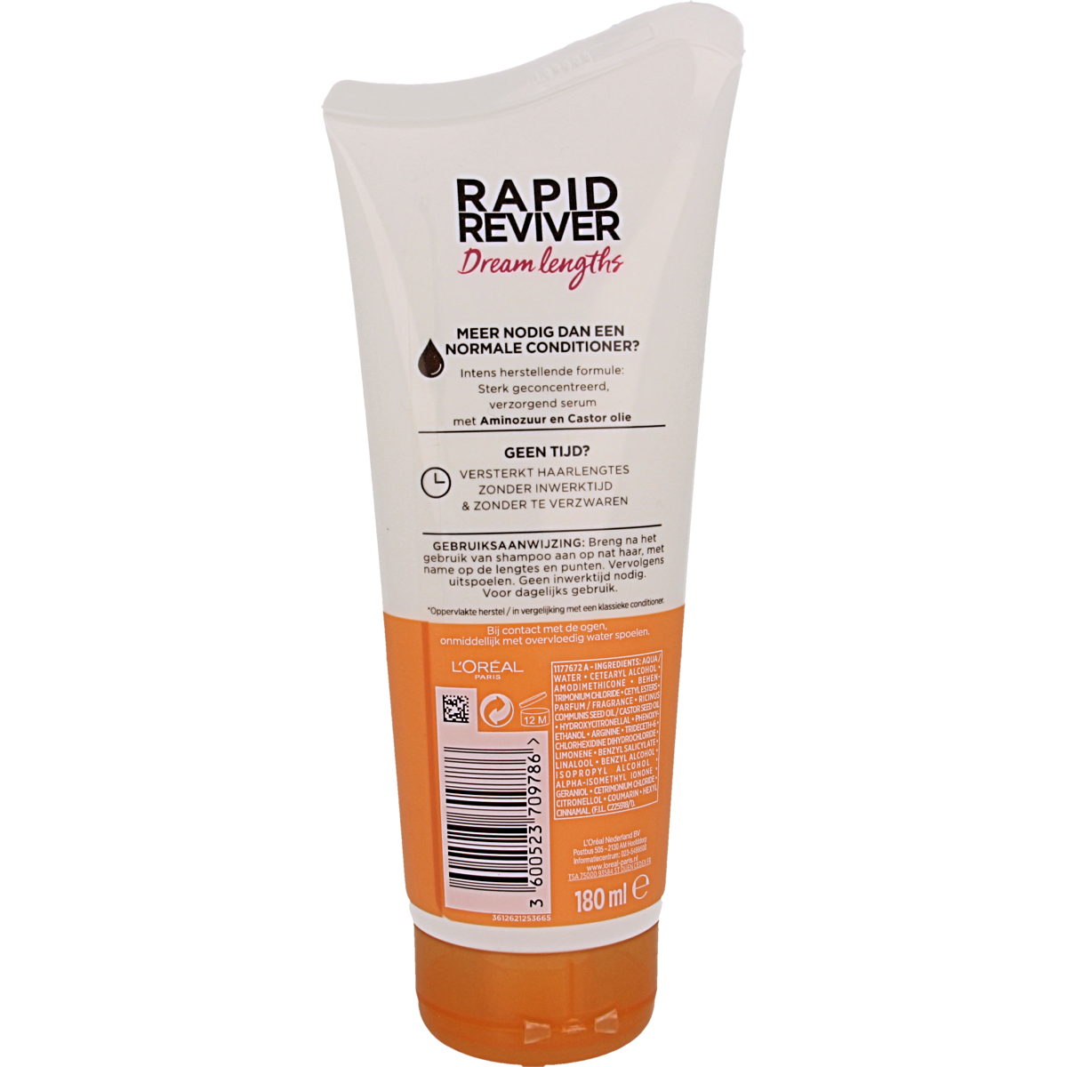 Elvive Rapid Reviver Dream Lengths hair treatment bottle, 180ml, for damaged or long hair care, in a sleek packaging.