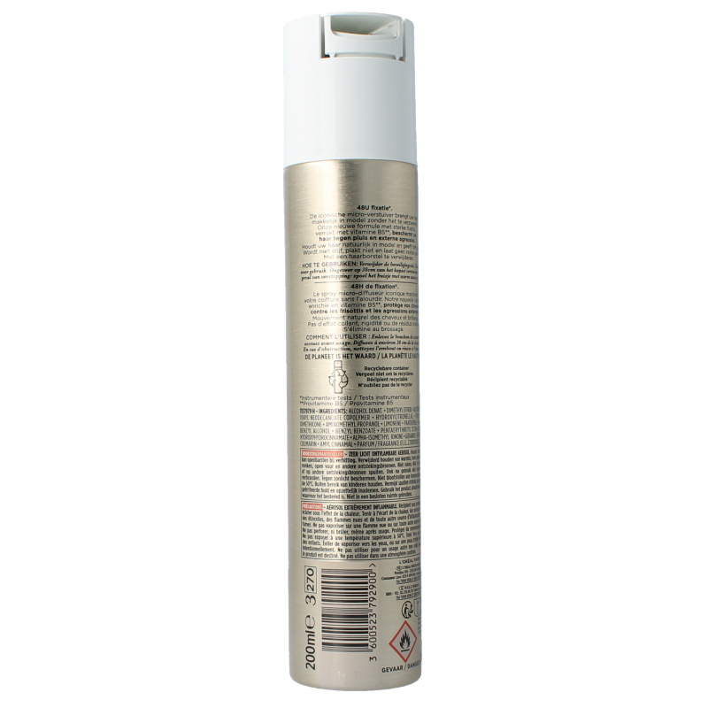 Elnett Haarspray Satin sterke fixatie, 200ml, hair styling spray showing the spray nozzle and product packaging.