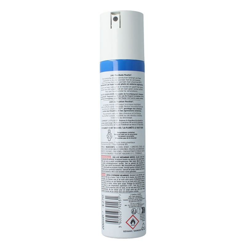 Elnett Haarspray flexible 200ml, hair styling spray in a spray bottle, providing flexible hold for styled hair.