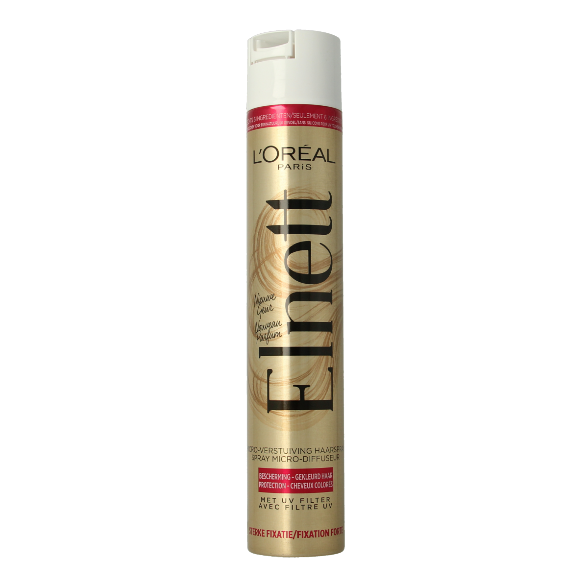 Elnett Satin hair styling spray, 400ml, with a sleek aerosol can and fine mist nozzle for long-lasting hold and protection.