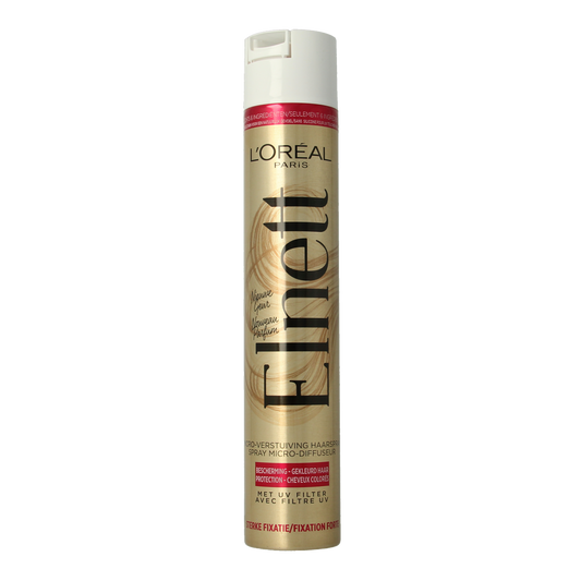 Elnett Satin hair styling spray, 400ml, with a sleek aerosol can and fine mist nozzle for long-lasting hold and protection.