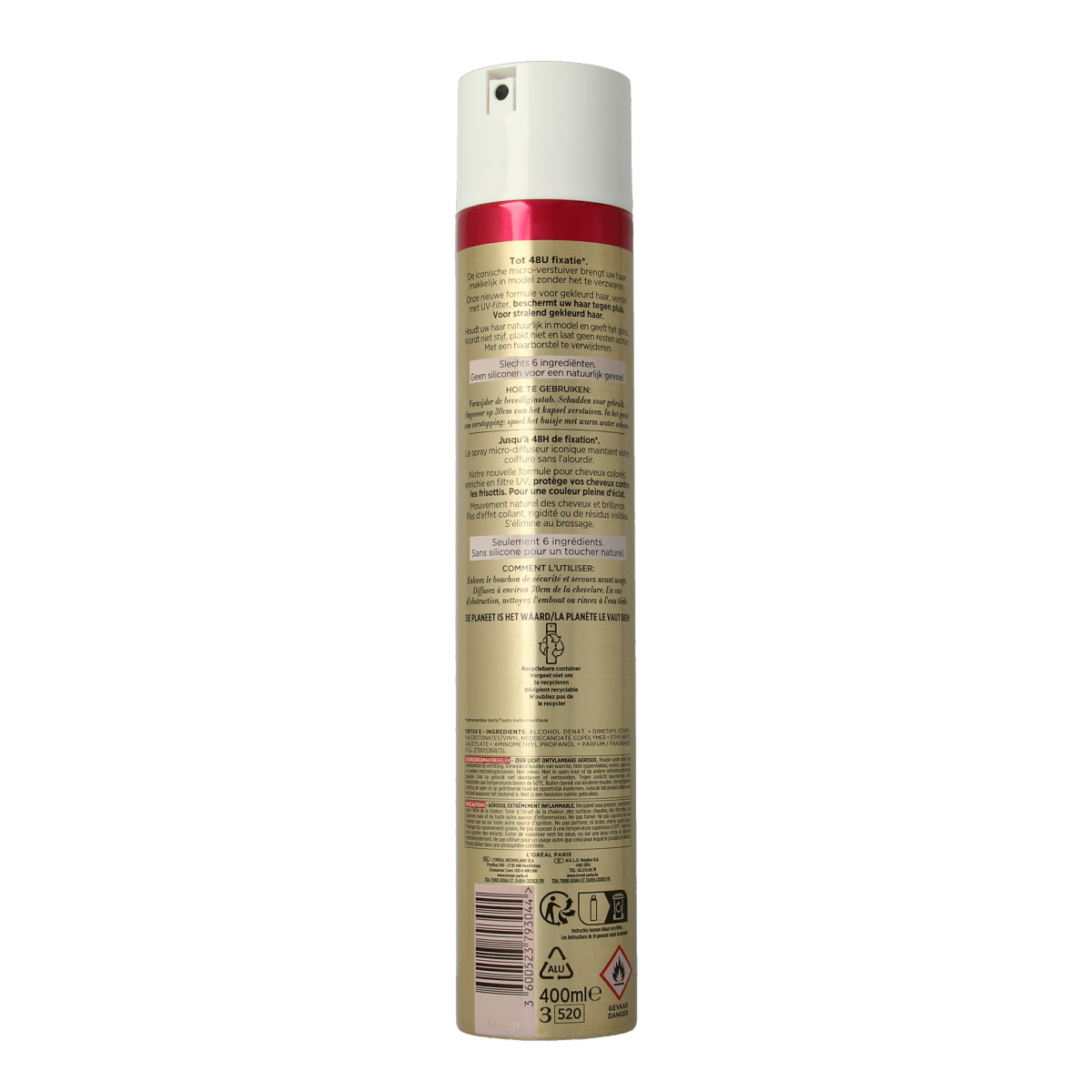 Elnett Satin haarstyling kleurbescherming spray in 400ml bottle, designed to protect colored hair during styling.