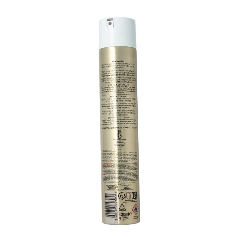 Elnett Satin Strong Hold Hairspray 400ml bottle with spray nozzle for long-lasting hair styling and fixation