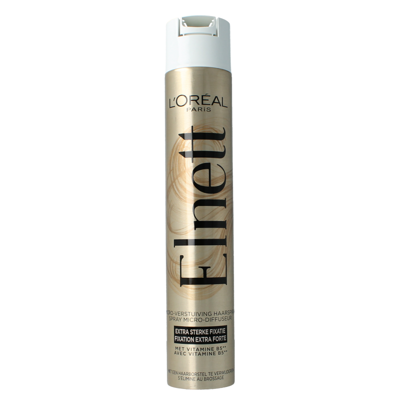 Elnett Satin extra strong hair styling spray in 400ml can, with a sleek silver design and spray nozzle for professional hold