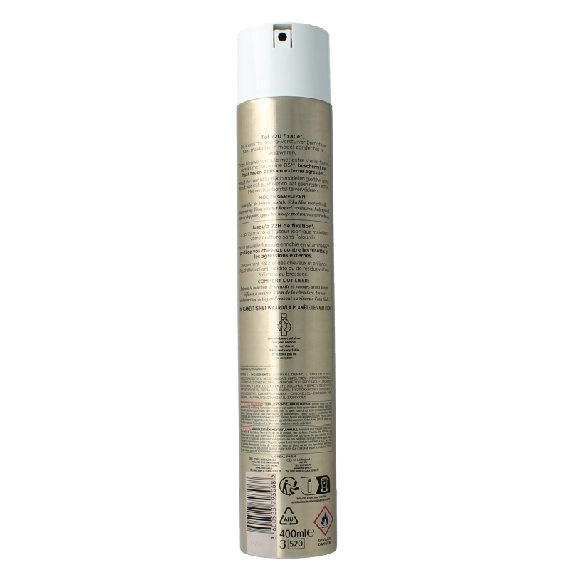 Elnett Satin extra strong hair styling spray in 400ml can, featuring the product label and spray nozzle.