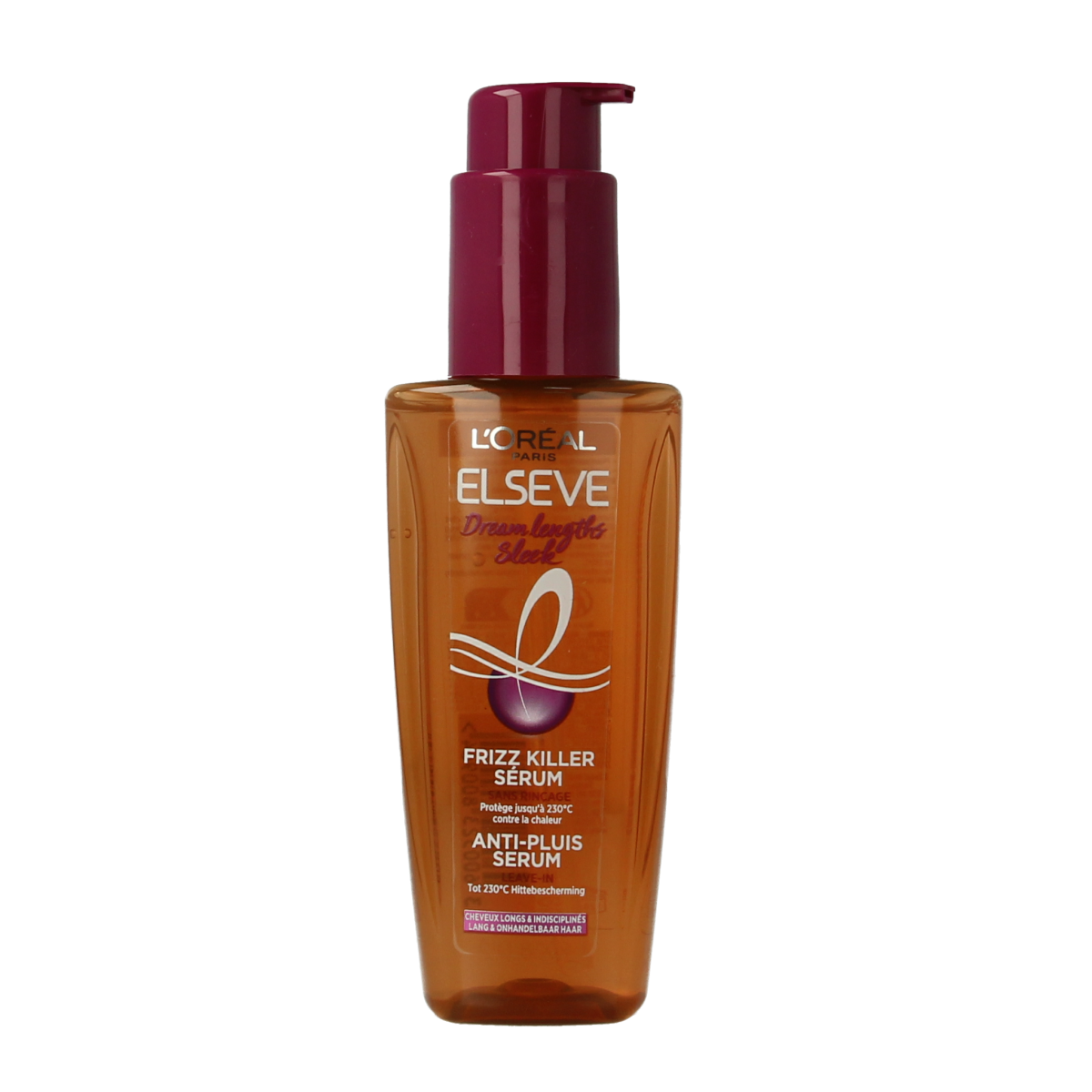 Elvive Dream Lengths anti-frizz serum for hair, 100ml, smooths and nourishes with a sleek bottle and product applicator.