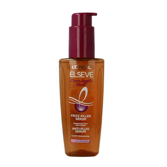 Elvive Dream Lengths anti-frizz serum for hair, 100ml, smooths and nourishes with a sleek bottle and product applicator.