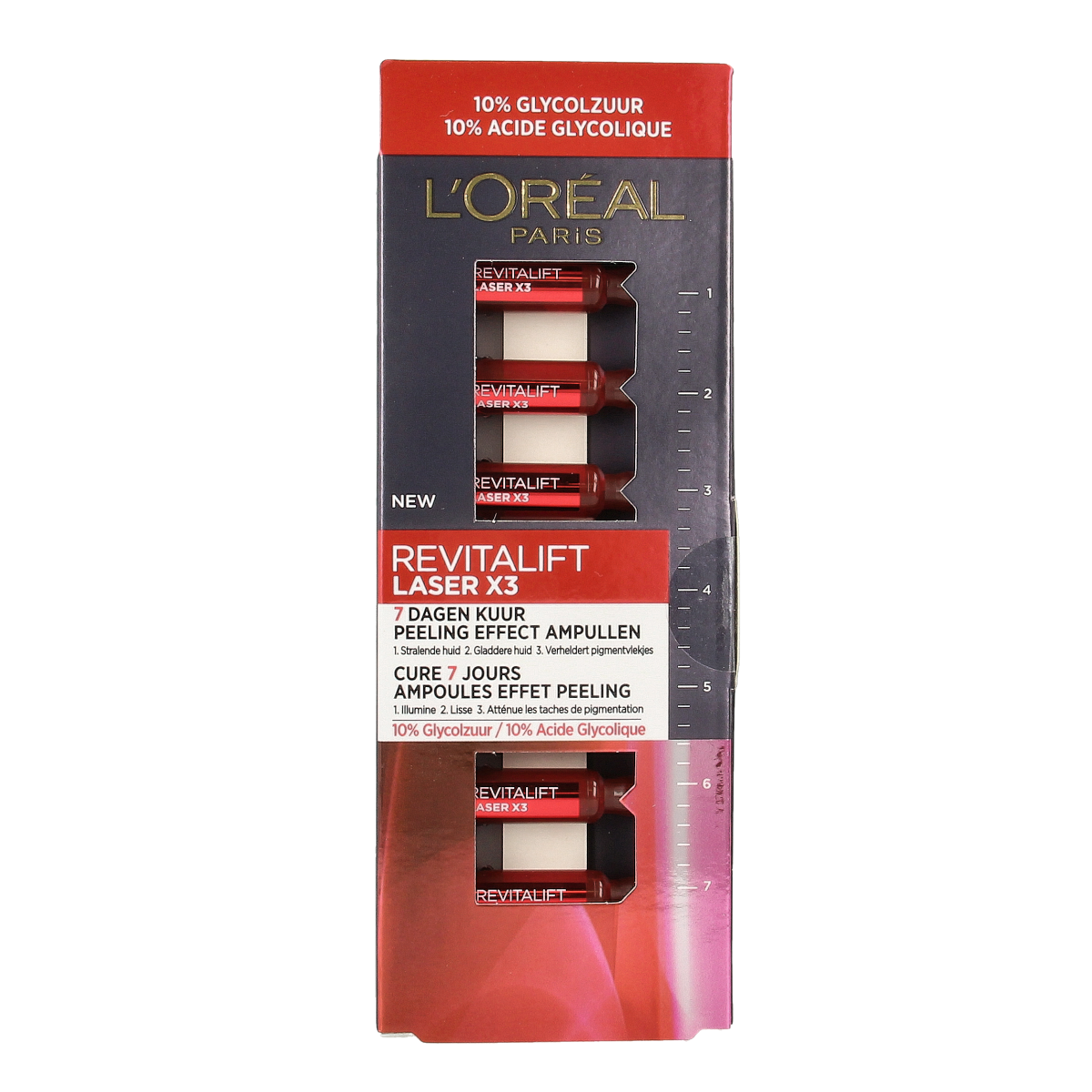 L'Oreal Paris Revitalift Laser X3 Peeling Effect Ampullen in a box, featuring seven skincare ampoules for facial treatment.