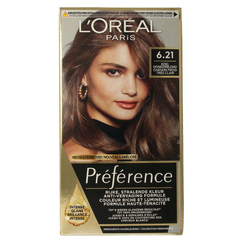 Preference 6.21 Zurich light cool brown hair coloring sachet, easy application, for natural-looking hair color.