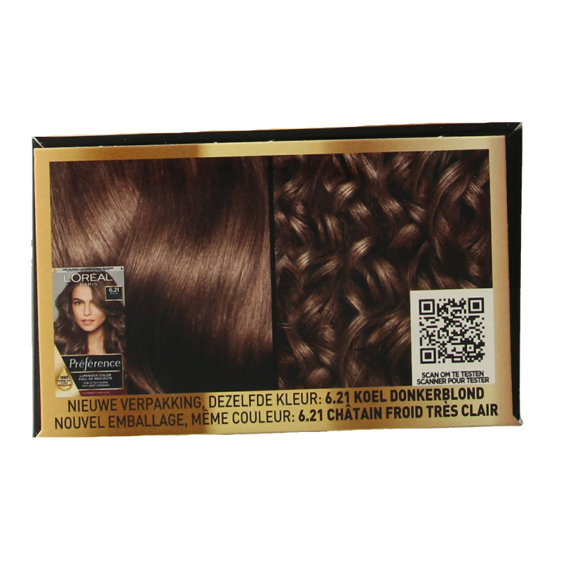 Preference 6.21 Zurich light cool brown hair coloring sachet for natural, vibrant brunette results.