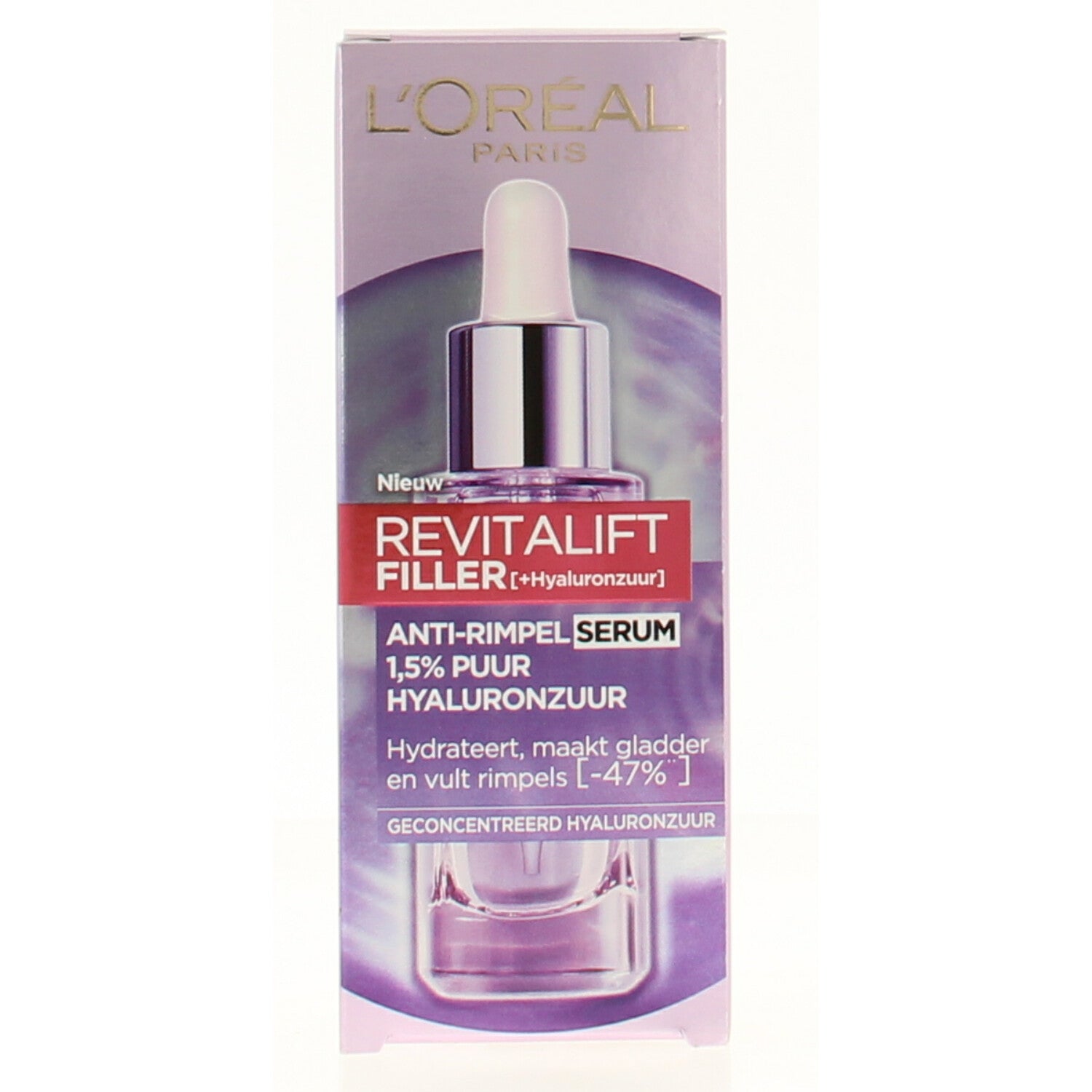 L'Oreal Paris Revitalift Filler hyaluronic acid facial skincare bottle, 30ml, with pump dispenser and label visible.