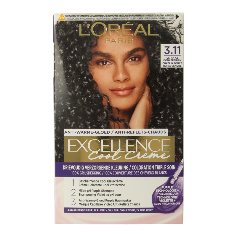 Excellence Cool Creme 3.11 Ultra Ash Dark Blonde hair dye set, with color cream and developer for professional hair coloring.