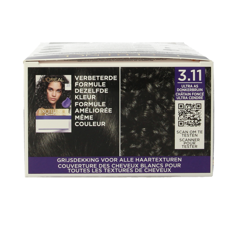 Excellence Cool Creme 3.11 Ultra Ash Dark Brown hair coloring set with creme and applicator for salon-quality results.