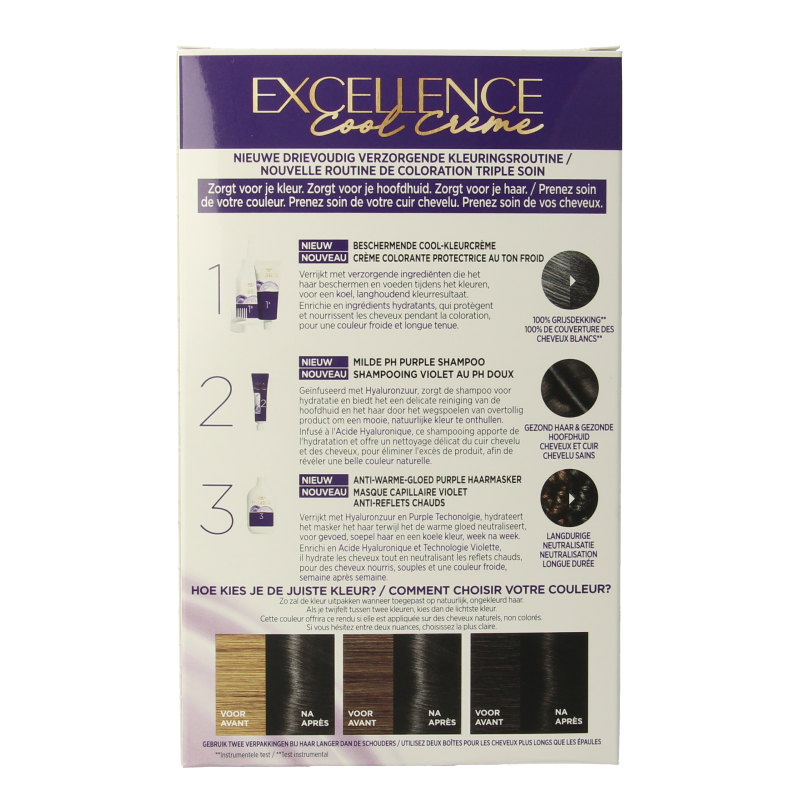 Excellence Cool Creme 3.11 Ultra Ash Dark Blonde hair coloring kit with shade 1.00, featuring dark blonde hair dye and applicator.