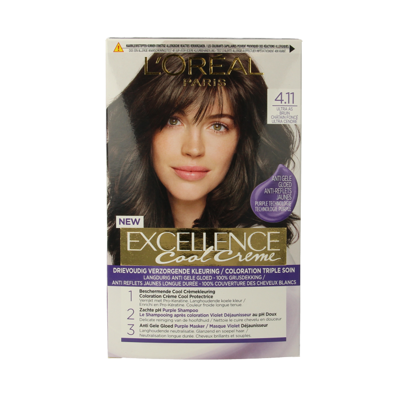 Excellence Cool Creme 4.11 Ultra Ash Blonde hair coloring kit with one box of hair dye for professional results