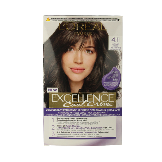 Excellence Cool Creme 4.11 Ultra Ash Blonde hair coloring kit with one box of hair dye for professional results