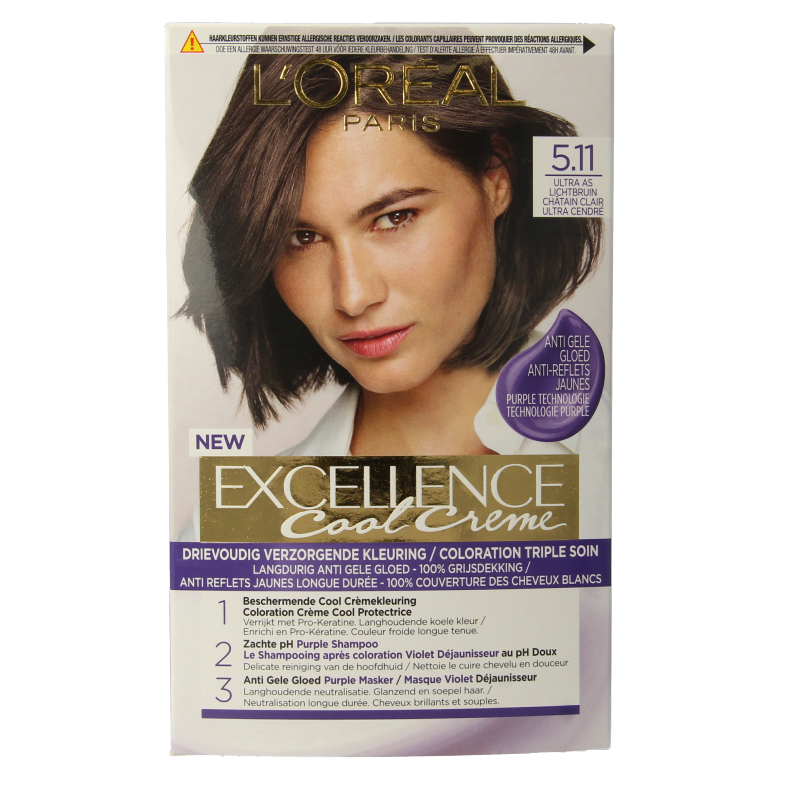 Excellence Cool Creme 5.11 ultra ash blonde hair coloring sachet showing the product packaging and branding.