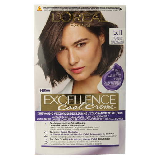 Excellence Cool Creme 5.11 ultra ash blonde hair coloring sachet showing the product packaging and branding.