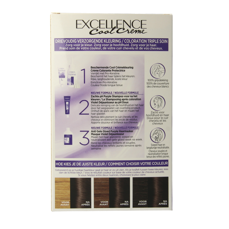 Excellence Cool Creme 5.11 ultra ash light brown hair coloring sachets, creamy texture for professional hair dye application.