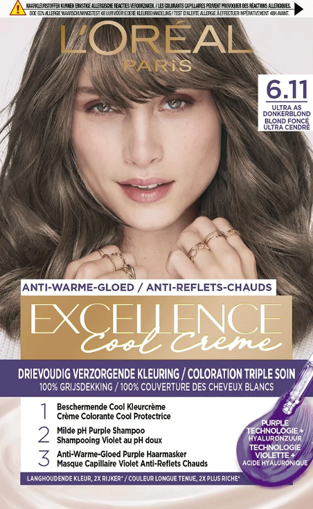 Excellence Cool Creme 6.11 Ultra As Donkerblond hair coloring tube, creamy consistency, for blonde hair coloring.