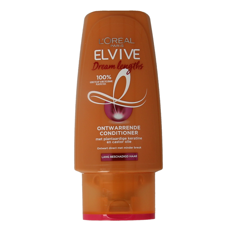 Elvive Dream Lengths hair conditioner in a 90ml bottle, showcasing the creamy texture and packaging for hair care.