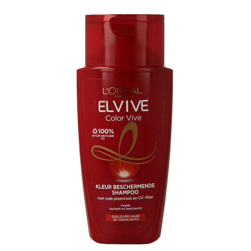 Elvive Color Vive mini shampoo bottle, 90ml, for vibrant color protection, in a sleek haircare product image.