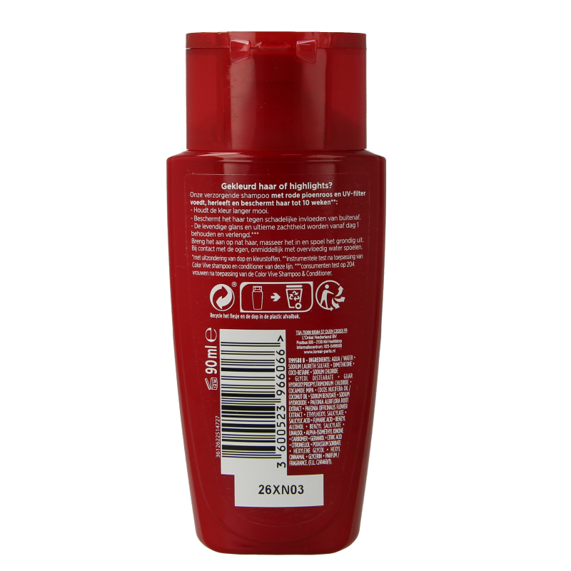 Elvive Color Vive mini shampoo bottle, 90ml, for color-treated hair, with vibrant hair care branding and product details.