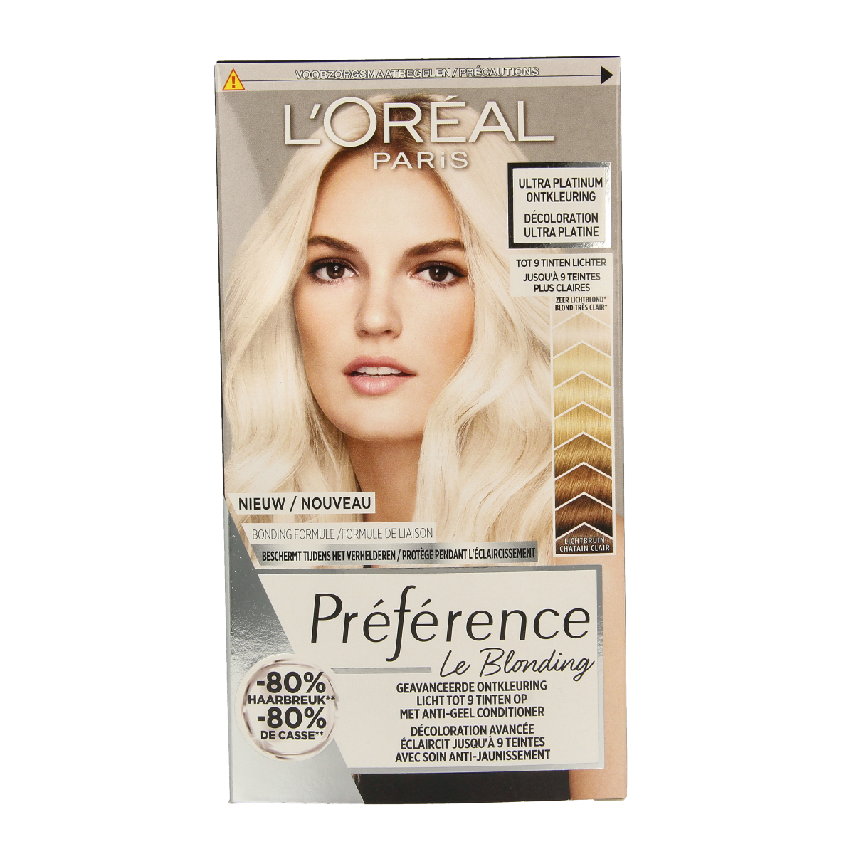 Preference Bleach Ultra Platinum hair bleaching kit, includes hair color cream and developer for professional-level hair lightening.