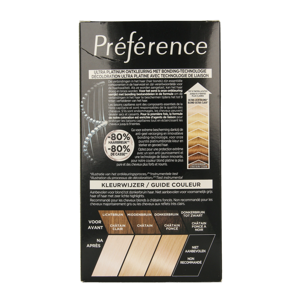 Preference Bleach Ultra Platinum hair lightening kit with developer and gloves, for professional hair bleaching results.