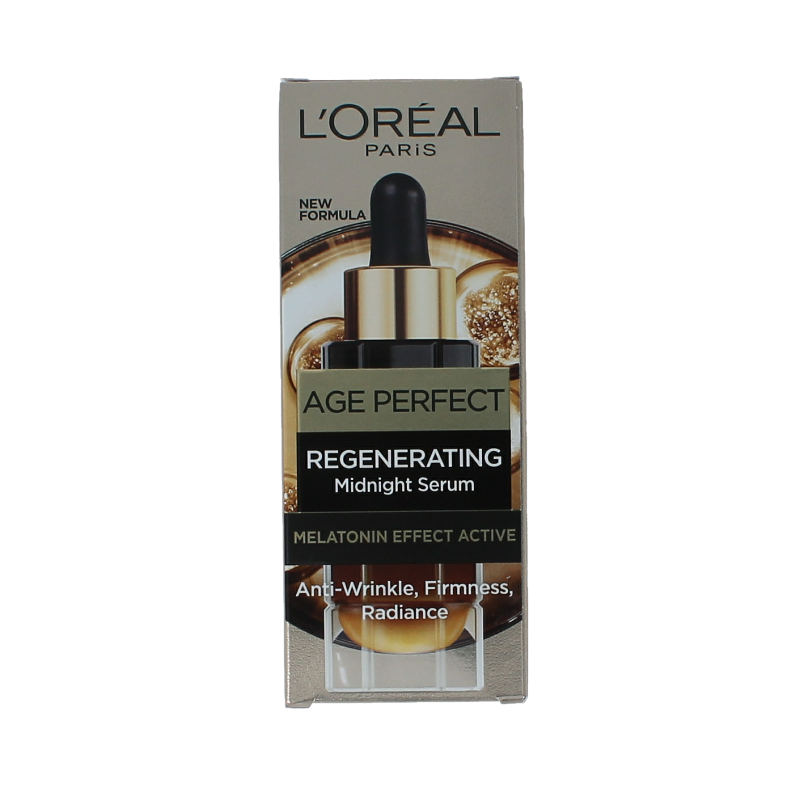 L'Oreal Paris Age Perfect Cell Renew Midnight Serum 30ml, facial skincare product with a sleek bottle and dropper applicator.