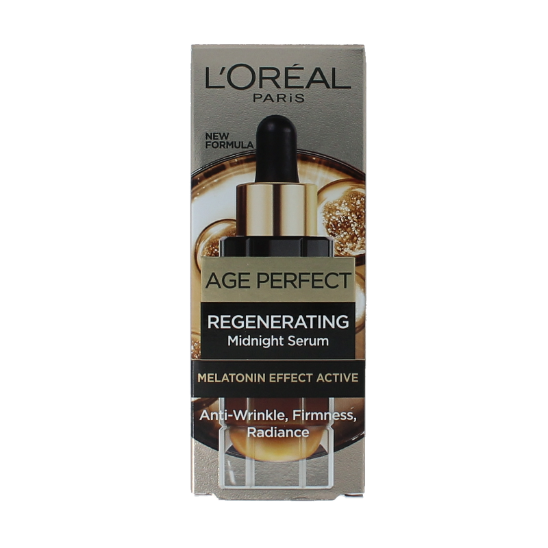 L'Oreal Paris Age Perfect Cell Renew Midnight Serum 30ml bottle, close-up of the skincare product in sleek packaging.