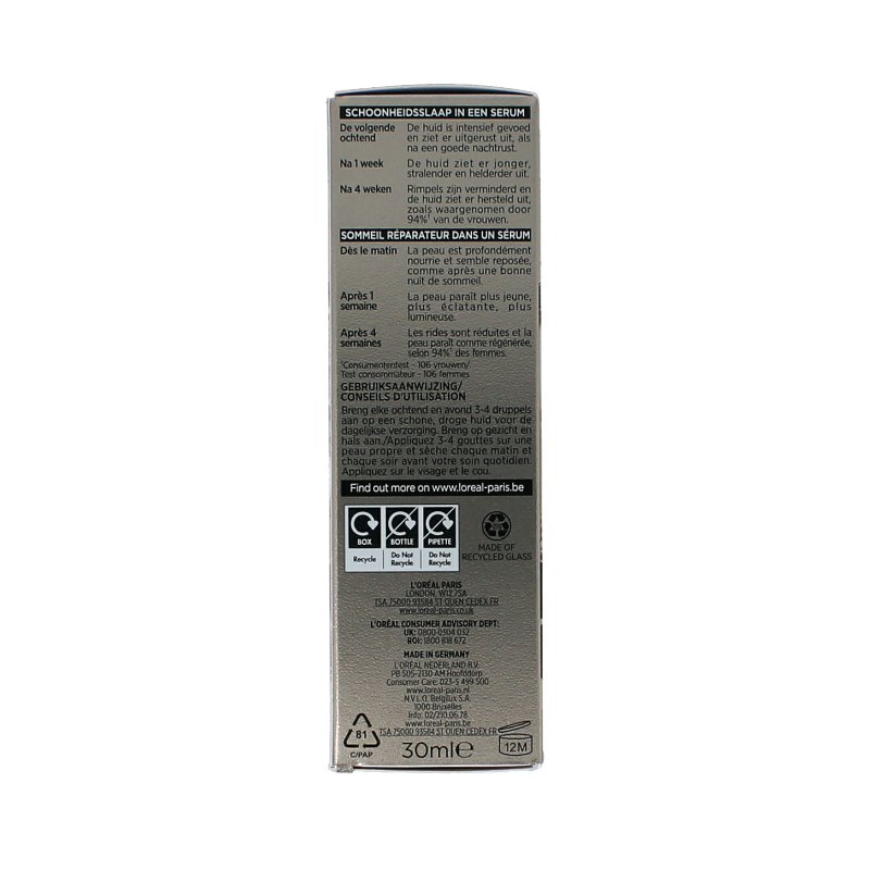 L'Oreal Paris Age Perfect Cell Renew Midnight Serum in a 30ml bottle, featuring a sleek design for youthful nighttime skincare.