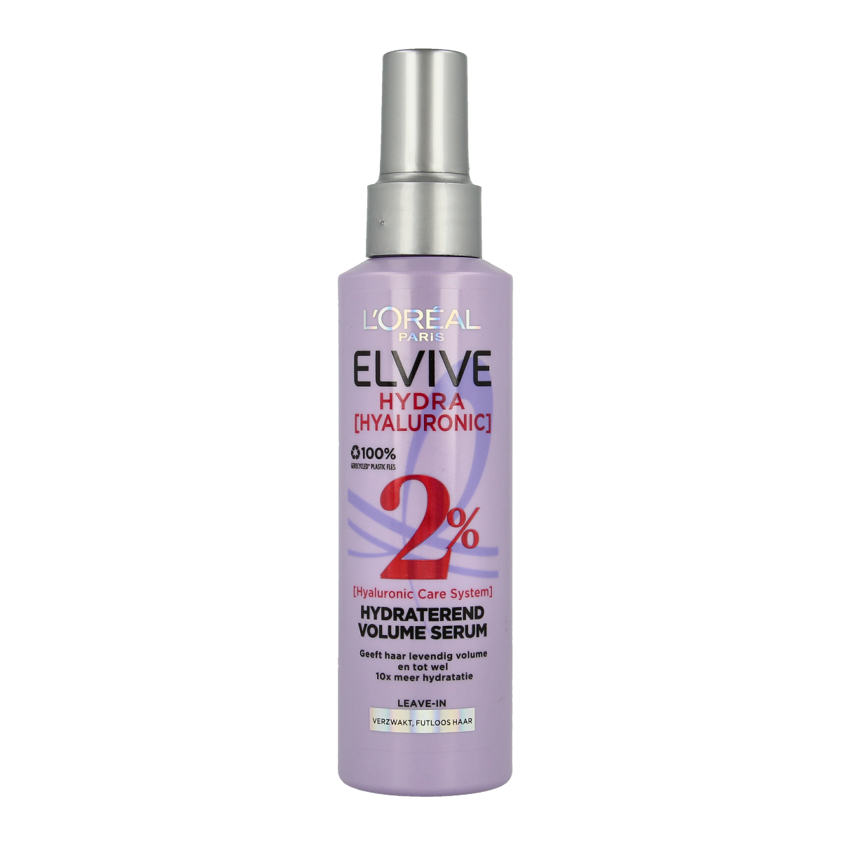 Elvive Hyaluronic leave-in spray for hair care, 150ml, with a spray bottle and hair product design.