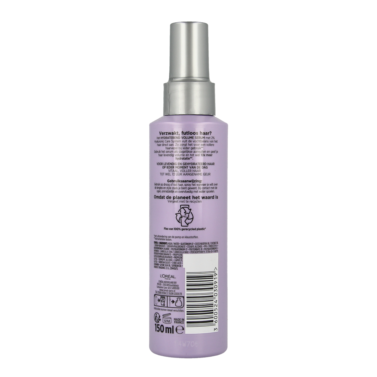 Elvive Hyaluronic leave-in spray for hair, 150ml, hydrating hair care product with a spray nozzle, designed for nourishing hair.