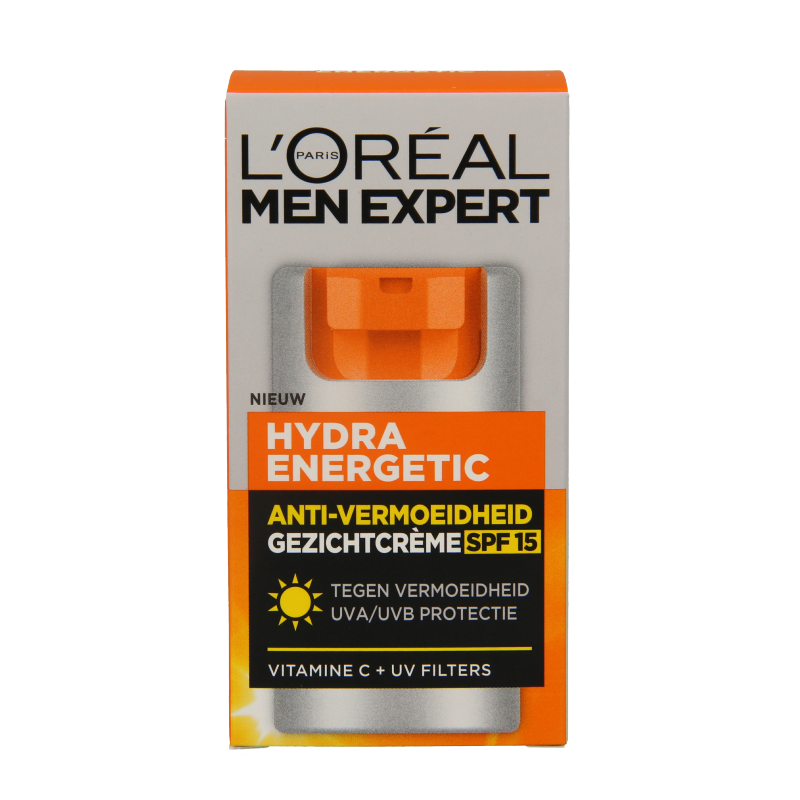 Men Expert Hydra Energetic facial moisturizer with SPF 15 in a 50ml tube, suitable for daily men's skincare.