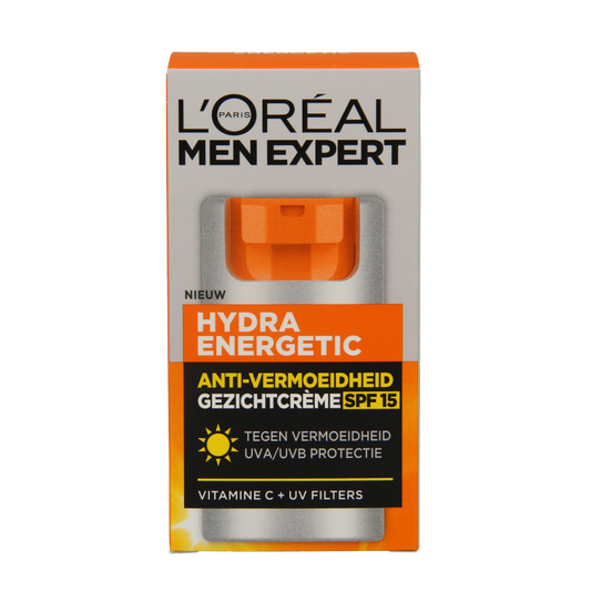 Men Expert Hydra Energetic facial moisturizer with SPF 15 in a 50ml tube, suitable for daily men's skincare.