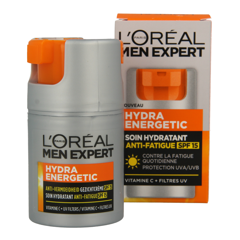 Men Expert Hydra Energetic facial moisturizer with SPF15 in 50ml, showing the cream jar with label and product packaging.
