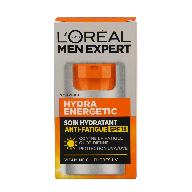 Men Expert Hydra Energetic facial moisturizer SPF15 in a 50ml tube, featuring a clean, modern design with the product label visible.
