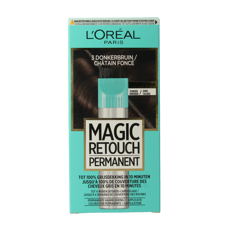 Magic Retouch permanent hair dye in shade 3 donkerbruin, showing the product bottle with its label and cap.