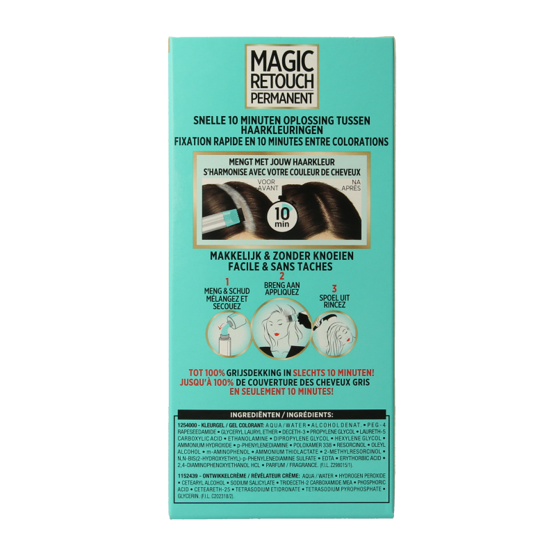 Magic Retouch permanente haarkleuring nr 3 donkerbruin, bottle of hair dye in a natural color for root touch-ups.