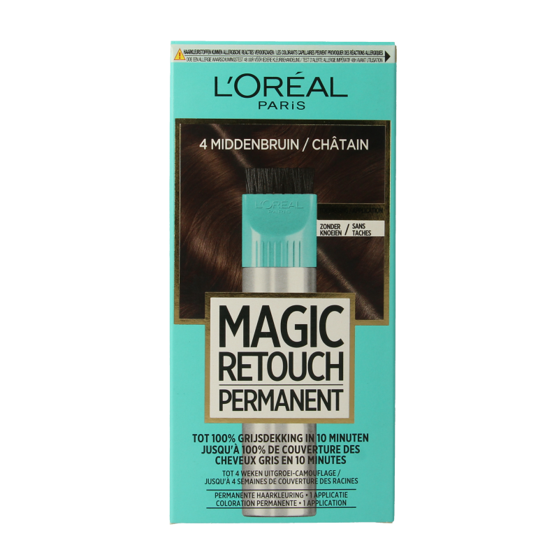 Magic Retouch permanent hair dye in shade 4 middenbruin, showing the box with product details and packaging.