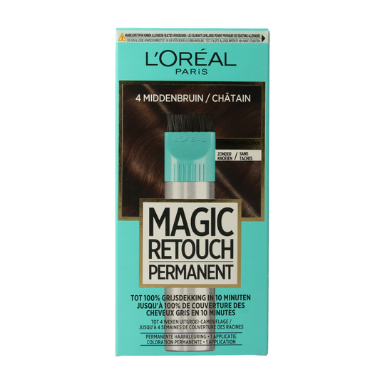 Magic Retouch permanent hair dye in shade 4 middenbruin, showing the box with product details and packaging.