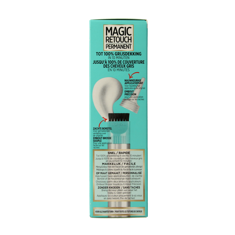 Magic Retouch permanent hair coloring in shade 4 middenbruin, showing the box and product packaging.