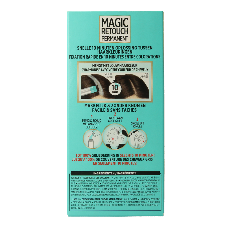 Magic Retouch permanent hair coloring in shade 4 middenbruin, showing the product tube with brown hair color inside.